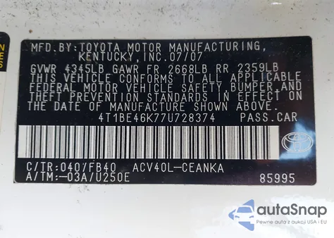 2007 Toyota Camry Ce z USA, uszkodzony, nr VIN 4T1BE46K77U728374